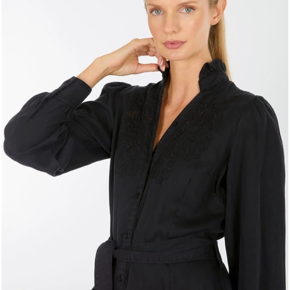 Women's Black Long-Sleeve Midi Shirt Dress with Waist Tie